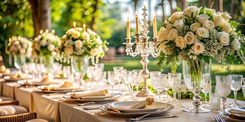 Elegant wedding reception table setting with ivory linens, fine china, crystal glasses, and ornate centerpiece adorned with white flowers and lush greenery.