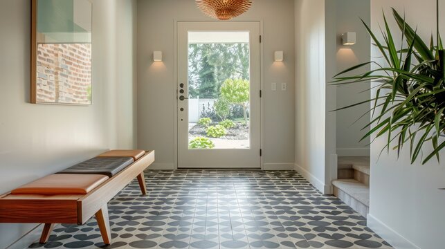 Mid-century modern suburban foyer with a custom floating bench and geometric tile flooring