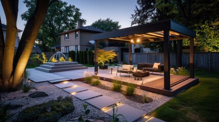 Mid-century modern suburban backyard with a minimalist gazebo, LED path lighting, and a natural wood deck