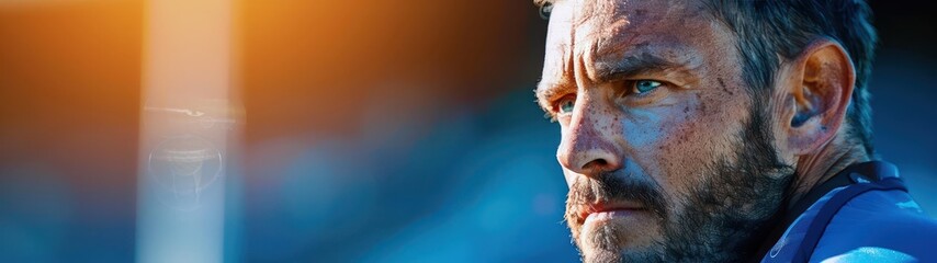 Obraz premium man with a beard and a blue shirt stares into the distance