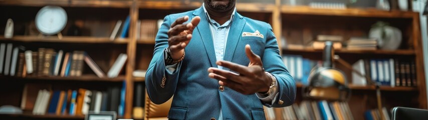 man in a suit and tie standing in front of a bookcase