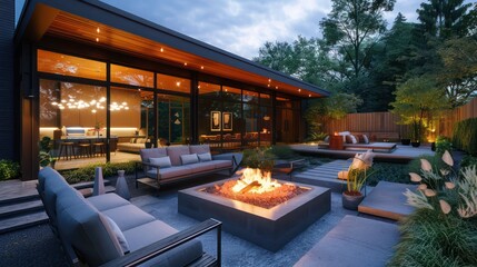Naklejka premium Mid-century modern suburban home with an outdoor lounge area that features a fire pit, ambient lighting, and weather-resistant furniture