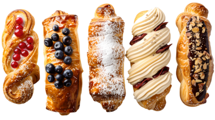 Assorted gourmet pastries with various toppings and fillings on a white background.
