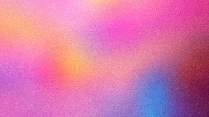 Ziarniste gradientowe tło w kolorach niebieski różowy żółty, szum tekstura na tapecie. Szablon baneru lub plakatu w stylu graficznym retro. Światła ledowe holo bokeh na projekcie okładki © Grainy background