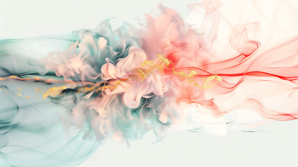 Fototapeta premium abstract 3d flowing smoke background, with pastel gradients of pink and orange, swirling seamlessly into blue and teal, with golden accents, luxury and elegance, a dreamlike and ethereal feel 