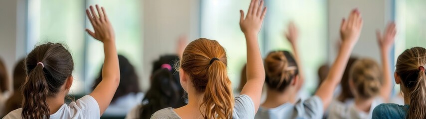 Fototapeta premium group of young girls raising their hands in a classroom
