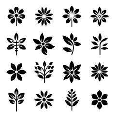 A collection of black and white flower icons