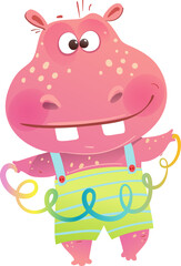 Cute party hippopotamus playing with toy and wearing clothes. Festive event character for children, funny happy playful hippo. Vector hand drawn colorful character design illustration for kids.