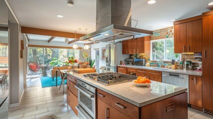 Mid-century modern suburban kitchen with a central cooking island, retro appliances, and a pop-up ventilation system