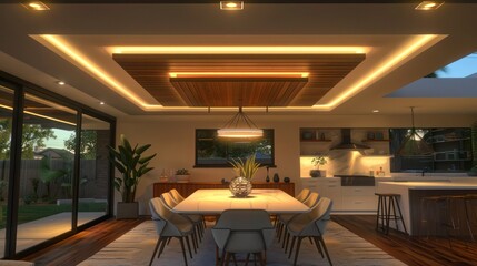 Mid-century modern suburban dining room with a ceiling feature that includes adjustable lighting to set different moods
