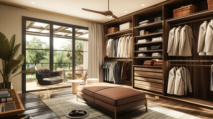 Mid-century modern suburban home with a luxurious master suite that includes a private balcony, spa-like bathroom, and custom walk-in closet