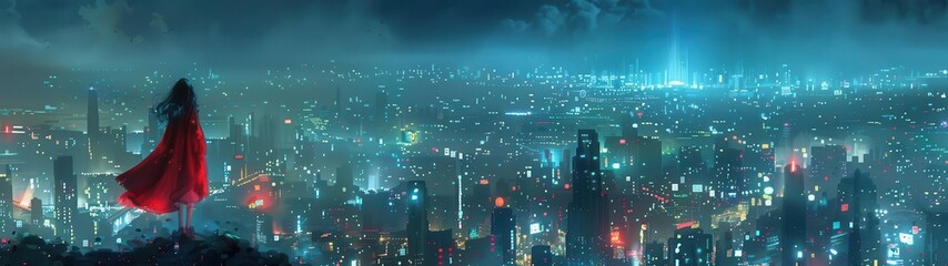 Fototapeta premium city at night with a red cape in the foreground