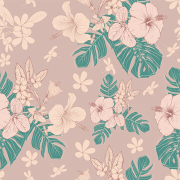 Seamless pattern vintage with hibiscus frangipani flowers and monstera green leaf background.Vector illustration hand drawing. Fabric pattern print design.