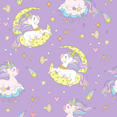 Seamless pattern dreaming unicorns on a moon background