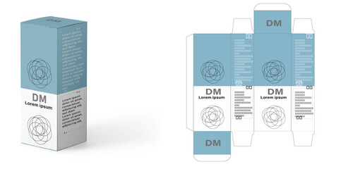DM Packaging box design template layout with Box die line, icon, frames and Design Illustration, Vector design Template image of cosmetic bottle and box.
