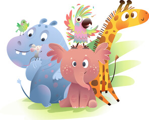 Cute Hippo Giraffe Elephant with bird and mouse friends, fun cartoon for kids. Cute Animals Safari characters for children. Vector hand drawn clipart, colorful character design illustration for kids.