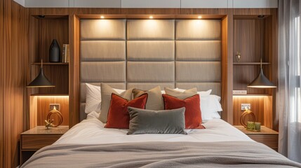 Mid-century modern suburban bedroom with a bespoke, wall-to-wall headboard that incorporates storage and lighting