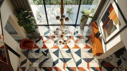 Mid-century modern suburban entry with a geometric patterned floor and a statement mid-century chandelier