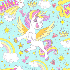 Seamless pattern happy unicorns with wings vector background