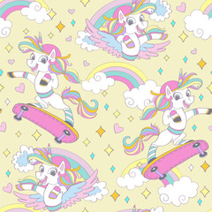 Cute unicorn on a skateboard seamless pattern vector Illustration