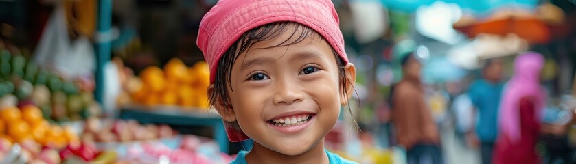 A Smiling Child's Joy in the Bustling Chaos of a Southeast Asian Bazaar, A Snapshot of Everyday Life and Cultural Charm