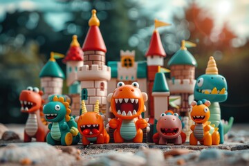 Obraz premium Playful Dinosaur Toys Transform Castle into a Fun Playground for Imaginative Play, Colorful Figurines Bring Fantasy to Life