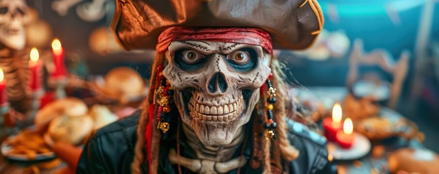 Hilarious Pirate Party Prankster Skeleton in a Pirate Hat, Skull Face, and Dreadlocks, Causing Laughter and Chaos at a Festive Gathering Get Ready for Some Amusing Pirate Party Shenanigans