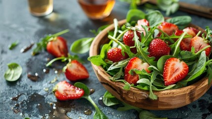 Fresh Mixed Green Salad with Strawberries and Arugula Spinach on Rustic Background Suitable for Vegans and Vegetarians