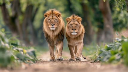 Two Majestic Lions Sneak Into a Royal Garden, Amusing Prankish Beasts in a Luxurious Setting, Wildlife Photography, Nature's Playful Moment, Royal Garden Escape, Lions in the Garden, Wild Animals in