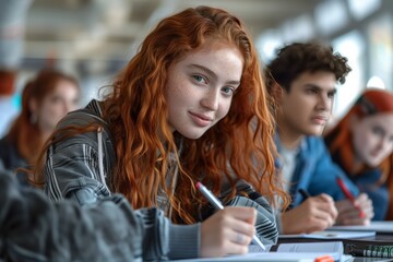 Fototapeta premium Young Woman Writing in a Classroom Setting