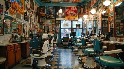 A vintage barbershop with a checkered floor, vintage posters on the walls, and several barber chairs.