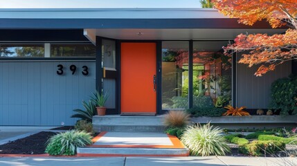 Mid-century modern suburban home with a distinctive orange front door and custom, period-appropriate house numbers
