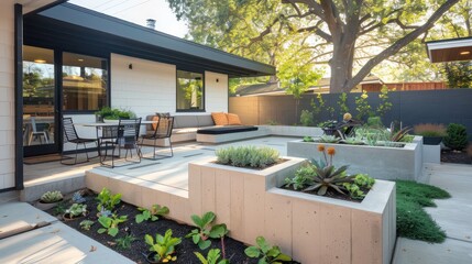 Mid-century modern suburban patio with custom-designed concrete planters and integrated seating for outdoor gatherings