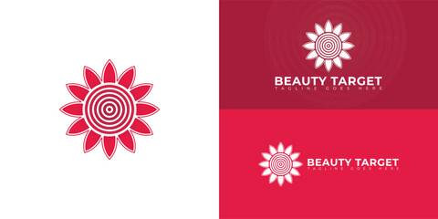 Spiral red bullseye logo with flower ornament in red color isolated on multiple background colors. The logo is suitable for business and finance logo vector design illustration inspiration templates.