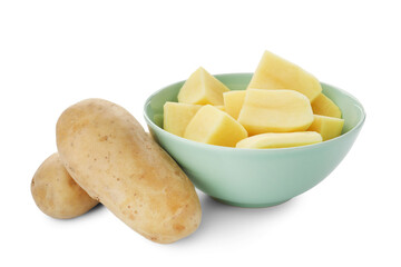 Whole and cut potatoes isolated on white