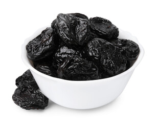 Tasty dried plums (prunes) in bowl on white background