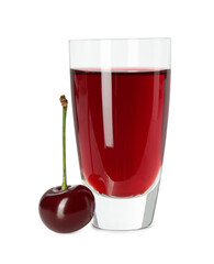 Delicious cherry liqueur in shot glass and berry isolated on white