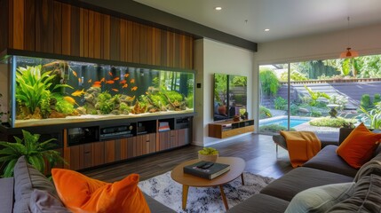 Mid-century modern suburban living area with a built-in, wall-length aquarium that adds a tranquil aquatic element