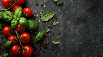 Fresh basil leaves and vibrant cherry tomatoes with scattered spices