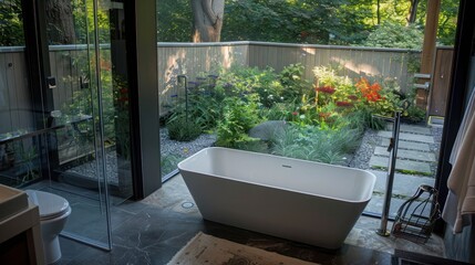 Mid-century modern suburban bathroom with a privacy garden visible through glass walls, featuring a freestanding tub and natural stone flooring