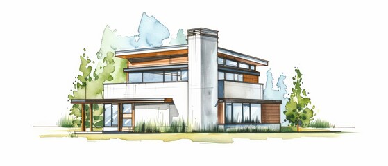 Fototapeta premium A lively watercolor rendering of thermal mass, capturing a building designed to absorb and store heat, reducing energy costs, isolate on white background with copy space