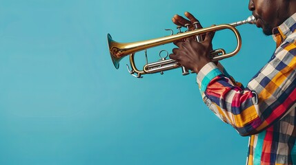 Fototapeta premium A side view captures a person playing a trumpet with fervor, dressed in a colorful checkered shirt, set against a minimalist blue background, highlighting musical passion.