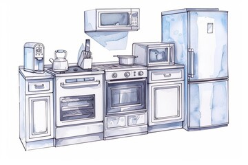 Obraz premium A soft watercolor rendering of smart appliances, capturing a kitchen filled with devices that optimize energy use and connectivity, isolate on white background with copy space