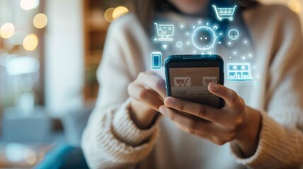 A person uses a smartphone for online shopping, with various shopping-related icons and digital symbols emerging from the device, illustrating modern e-commerce.