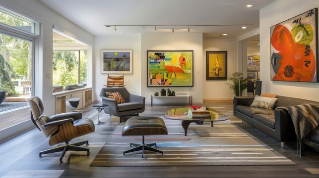 Mid-century modern suburban home with a dedicated art gallery space that showcases a collection of modern art