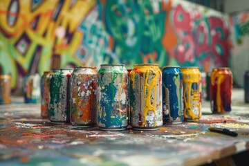 Colorful spray paint cans standing on a table covered in paint splatters in an art studio
