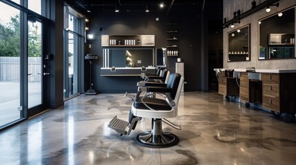 A modern barbershop interior with polished concrete floors, rows of barber chairs, and sleek mirrors.