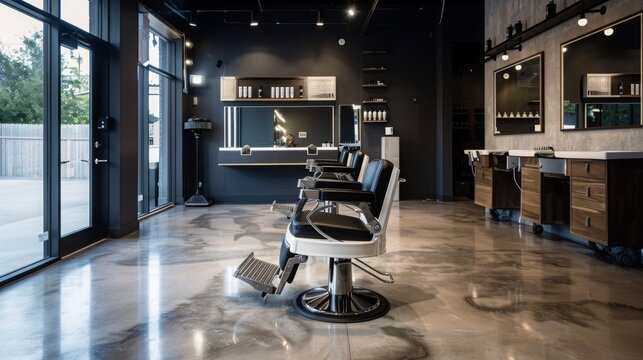 A modern barbershop interior with polished concrete floors, rows of barber chairs, and sleek mirrors.