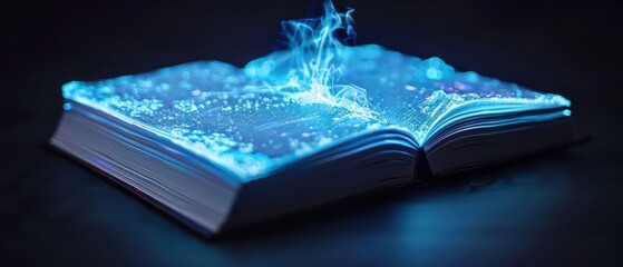 An enchanted book with holographic pages that project immersive, otherworldly scenes, blending magical storytelling with advanced technology in high tech, with copy space