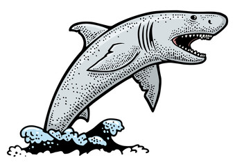 Fototapeta premium shark jumps out of water color sketch engraving PNG illustration. T-shirt apparel print design. Scratch board imitation. Black and white hand drawn image.